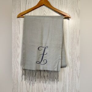 Cashmere Feel Gray Fringe Scarf with Embroidered Initial F